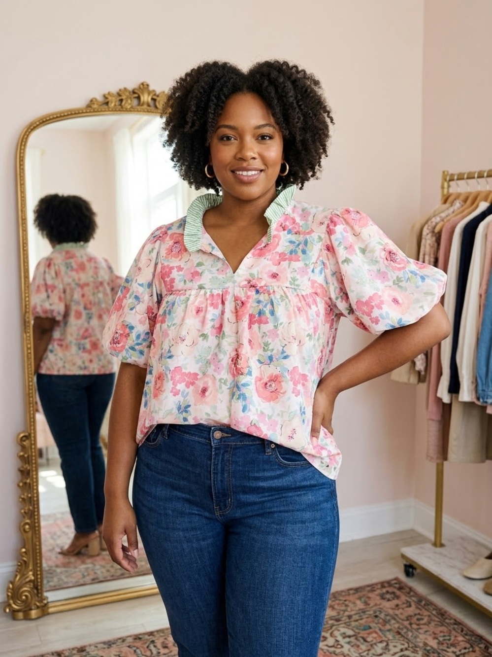 Haptics Pink Floral Babydoll Blouse Puff Sleeve Striped Ruffle Collar 2x